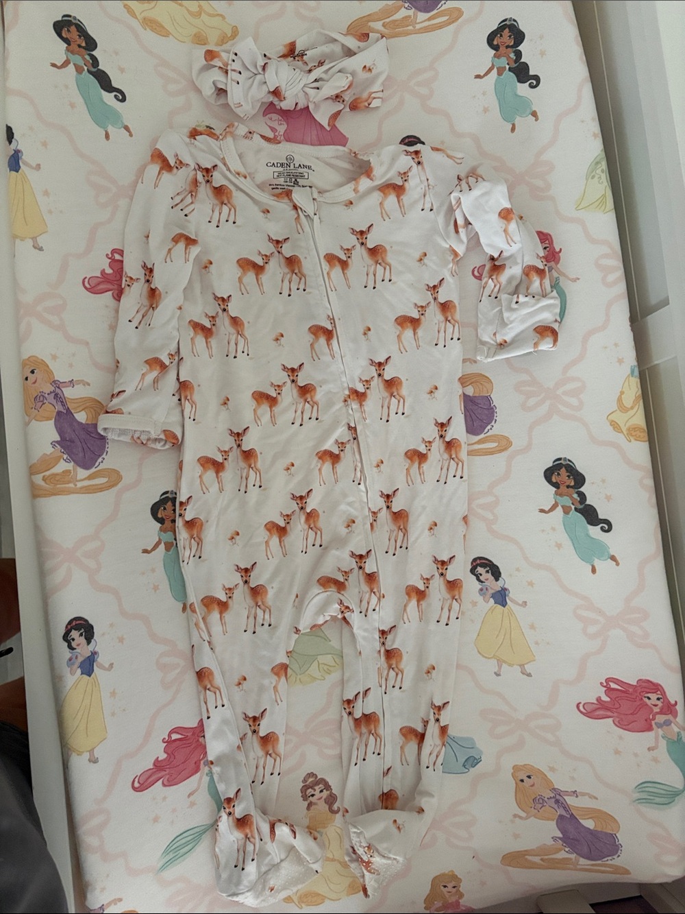 Caden Lane White Sleep Sack with Brown Fawn Print and Matching Headband